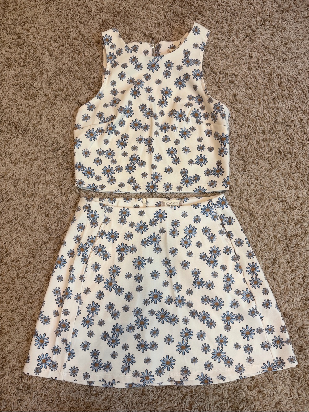 Altar'd State White Two-Piece Skirt Set with Blue Daisy Print
